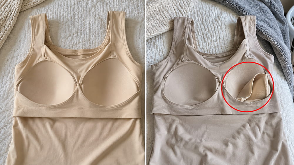 A lookalike tank turned inside out after washing, its loose foam pad folded over and circled