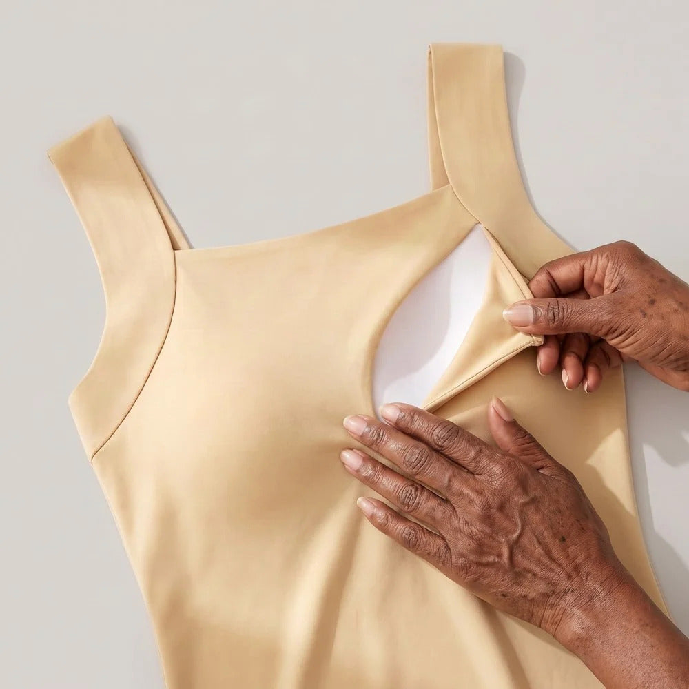 Maggie's tank turned inside out after the sixth wash, showing sewn-in cups and a finished hem
