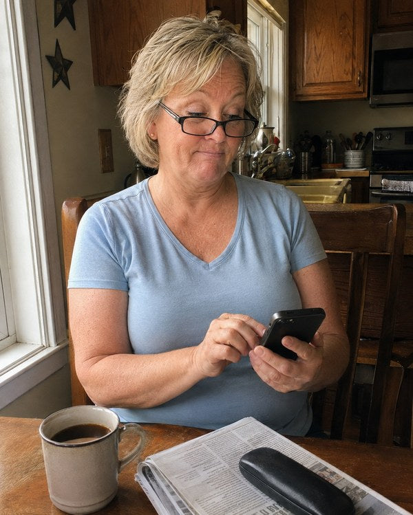 Susan reading a text at the kitchen table