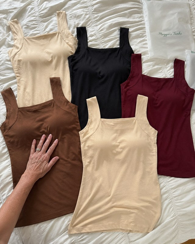 Susan's five tanks in nude, black, coffee and burgundy