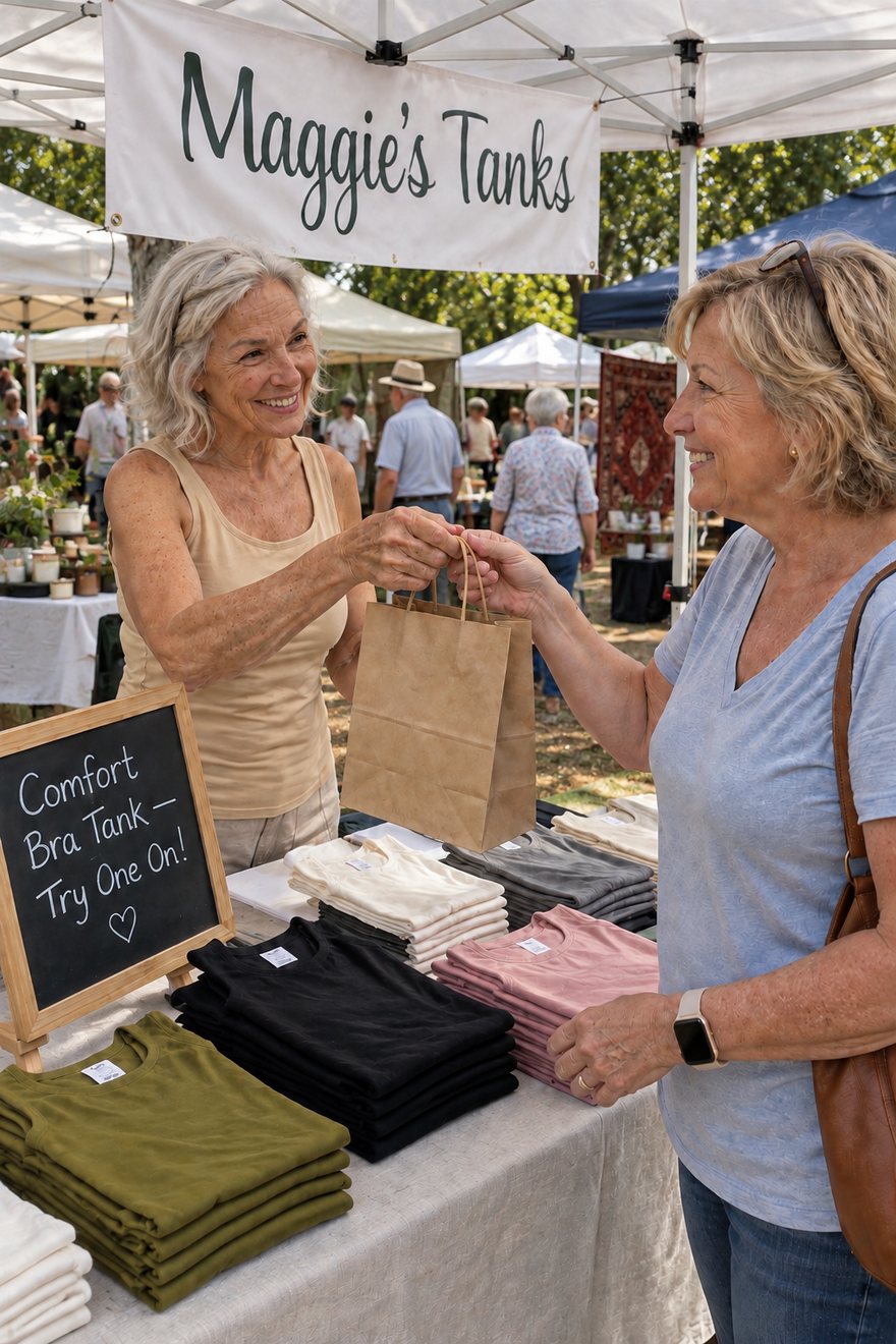 Maggie and Susan together at the real Maggie's Tanks market stall